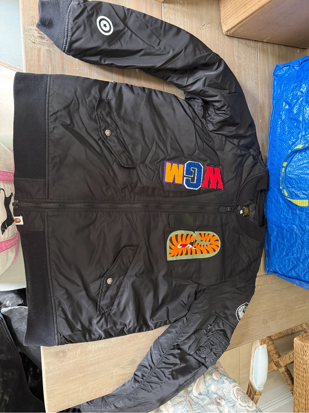 Black Bomber Jacket with Colorful Lettering and Tiger Patch